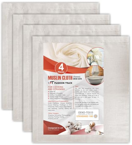 Étamines de cuisine (4 pièces) étamines à fromage pour égoutter, étamine alimentaire pour la cuisson et le filtrage, 50 x 50cm, qualité 90, non pelucheuses, 100% coton non blanchi | FT Fashion Track