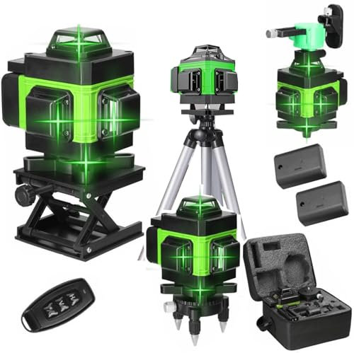 Niveau laser 4 x 360°, Niveau Laser Vertical Horizontal Autonivelant, Verte Niveaux avec Autonivelant de Fonction, avec 2 * Batteries rechargeables 2600 mAh (16 Lignes avec trépied)