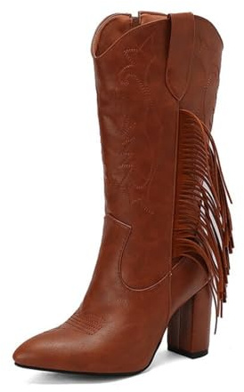 Xytraiihw Bottes Western Femmes, Bottes Cow-Girl Vintage À Broderies Florales Bottes Longues À Pompons avec Fermeture Éclair Latérale Bottes D'équitation À Talon Carré Et Bout Pointu