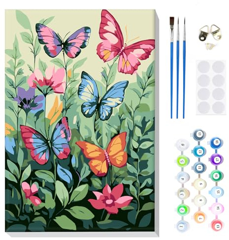 MOGTAA Pintura por números para adultos principiantes con marco, pintura de mariposa por números para adultos, pintura infantil por números, kits de pintura al óleo de flores, manualidades para
