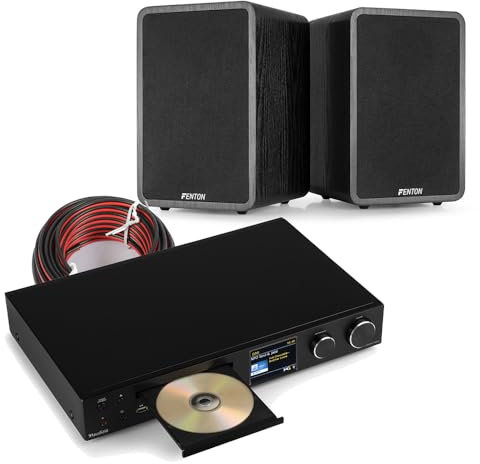 Audizio Fenton SHFB65 Bookshelf Stereo System with CD Player, DAB+, FM, Internet Radio, Bluetooth, 200W HiFi System & 6.5 Passive Speakers, CD HiFi Audio Set - Black