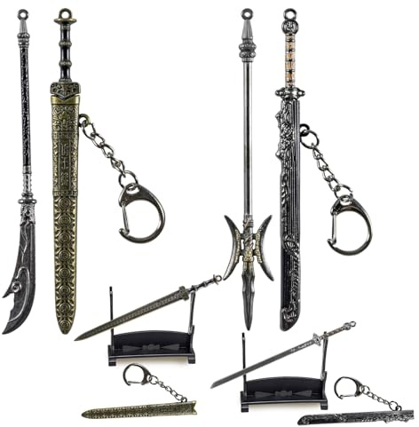 NAESM 4 Pcs Ancient Sword Letter Opener with Sheath and Display Stand, Chinese Ancient Mini Sword Keychain Metal Model, Desk Decorative Letter Opener Sword Backpack Pendant Keychain Gift