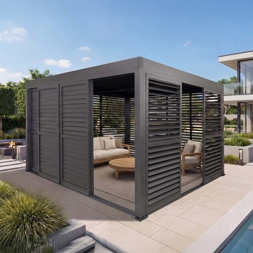 Alu Pergola HWC-L46, Pavillon Terrassenüberdachung, 7X Lamellenpaneel 7X Schiebetüren, 11cm-Gestell, 3x4m - anthrazit