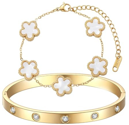 TENGWA Plaqué 18K Bracelet 2 Pièces Bijoux Bracelet Trefle 17+5 cm Bijoux Porte Bonheur Blanc Four Leaf Clover pour Anniversaires Saint-Valentin Fête des Mères Mariages et Nouvel