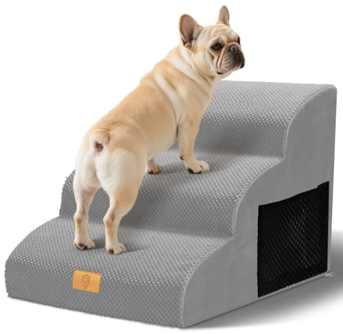 Thihome Hundetreppe für Kleine Hunde, 3 Stufen Haustiertreppe wasserdichte Katzentreppe, Abnehmbarer Schwamm Hunderampe mit Waschbar Bezug für Bett, 60x40x40cm