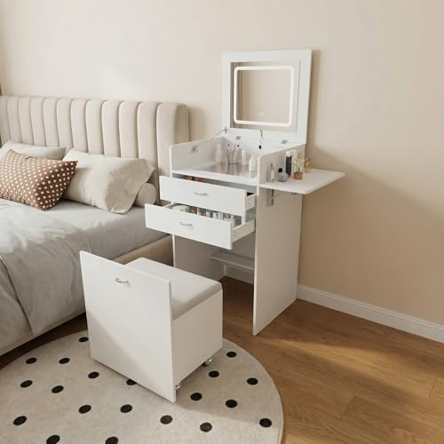 DATO Pequeño tocador con espejo plegable y LED, 3 modos de colores de luz ajustables, cómoda, estación de maquillaje 3 en 1 con silla y cajones, mesa de cosméticos con placa de cristal visible (DT252)