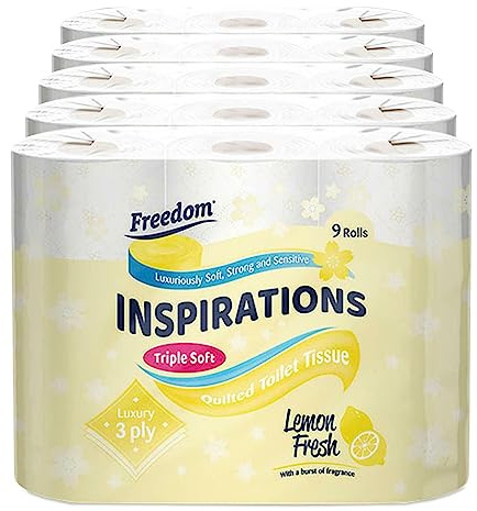 Freedom Inspirations Luxury 3Ply Toilet Roll - 45 Quilted Lemon Fresh Triple Soft and Scented Hygiene Bulk White Toilet Tissue and Loo Rolls