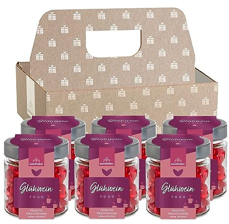 naschlabor | Glühwein To Go | 6x Weihnachtspräsent für Freund, Freundin und Familie | alkoholfrei und aromatisch | Gummibärchen im hochwertigen Rundglas mit praktischem Sixpack Karton