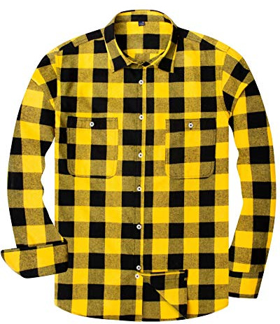 Alimens & Gentle Camisas Casuales de Franela a Cuadros de Manga Larga con Botones para Hombre, Cuadros Amarillos Brillantes, Large