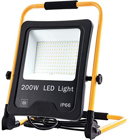 Froadp 200W Foco de Construcción con Soporte Plegable y Enchufe de Cable de Alimentación de 3m, Carcasa de Aluminio Luz de Trabajo, Proyector Impermeable IP66 Contra Rayos(Blanco Cálido)