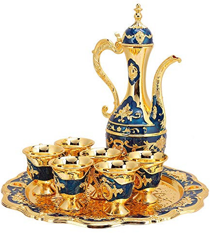 Ensemble de Thé Turc, Théière Marocaine Vintage en Métal Flacons Hanche Verre Vin Russe Ensembles Décoration Pot Bleu Café avec 6 tasses à café et plateau thé pour Cadeau Mariage D'artisanat d'art