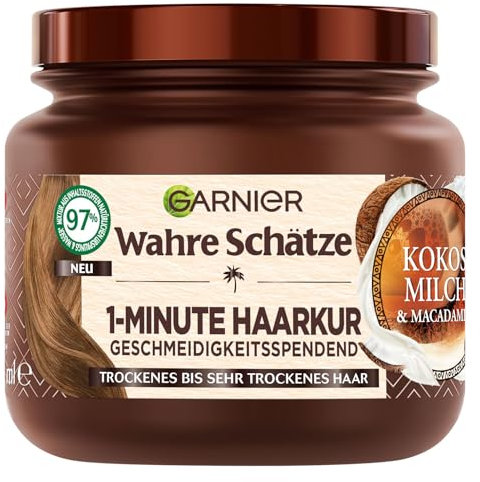 Wahre Schätze Nährende 1-Minute Haarkur für trockenes bis sehr trockenes Haar, Mit Kokosmilch und Macadamiaöl für neuen Glanz und Geschmeidigkeit, Vegane Formel, 1 x 340 ml