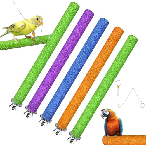 Norhogo 5 Pezzi 20cm Posatoi Pappagalli Giochi Trespoli Naturale Paw Grinding Giocattolo per Pappagalli Uccello Masticare Giocattoli della Viene fornito con un collare per pappagalli, Colore casuale