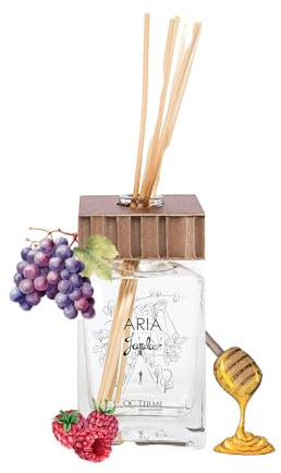Profumatore per ambiente di design QC Terme Aria Garda 250 ml, diffusore a bastoncini, fragranza al miele, lampone, uva e zagara Made in Italy