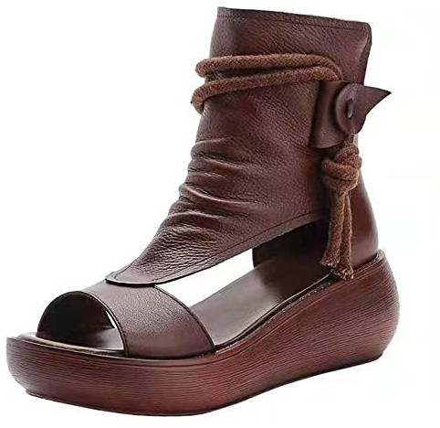 CRETUAO Sandalias Cuero con Parte Superior Alta para Mujer, Plataforma Bota con Punta Abierta y Boca pez Informal Vintage, Sandalias con cuña Gruesa Zapatos Playa Estilo Romano,Marrón,36 EU