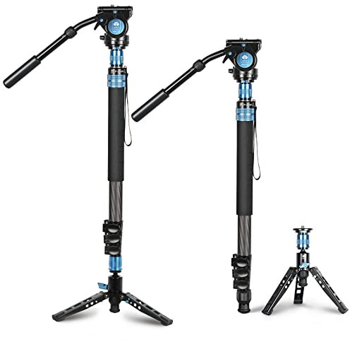 SIRUI P-424FL 199.3CM Kohlefaser-Kamera-Einbeinstativ mit VH-10 Fluid-Videokopf, professionelles Schwerlast-Einbeinstativ mit Dreibein-Sockel, Flip Locks für DSLR-Kamera, Tragfähigkeit bis 6kg