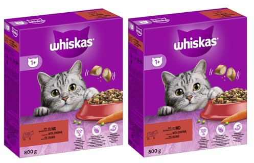 WHISKAS Karton Trocken 1+ Katzenfutter Katzentrockenfutter (2X 800g, Rind)