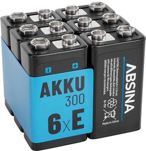 ABSINA 6X Pilas 9V Recargables 300 con Baja Autodescarga - Pila 9V de Bloque NiMH con 8,4V y al Menos 270mAh - Pila 9V Recargable, 9V Battery, bateria 9V, Pila 9V 6LR61, Pila Recargable 9V, 6F22 9V