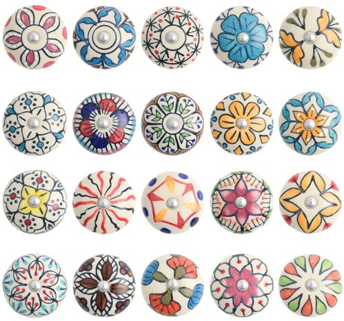 GlobeeCraft Boutons ceramique meuble peints à la main pour tiroirs, armoires et portes de cuisine - bouton de meuble vintage, bouton de commode coloré, lot de 20 pièces facile à assembler