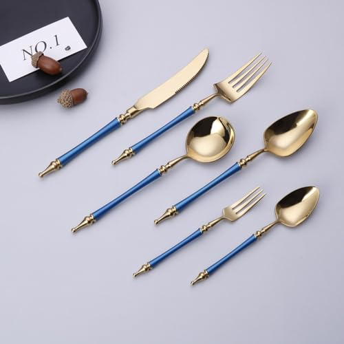Light Luxury Legendary Roman Pillar Handle Kitchen Stainless Steel Silverware Tableware Flatware Cutlery Set Steak Knife Fork Spoon Teaspoon (Blue Gold,24 Pieces)