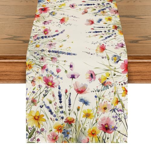 Artoid Mode Chemin de table de printemps, fleurs, herbes, décoration saisonnière de table de cuisine en intérieur, décor de fête/vacances, 40 x 140 cm
