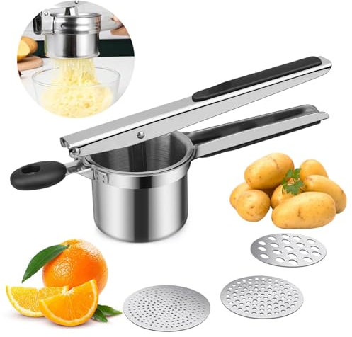 GAOXIAO Schiacciapatate Professionale, Manuale Schiacciapatate Passapatate Acciaio Inox Purè di Verdure Schiacciapatate con Setacci Spaetzle Intercambiabili per Purè di Patate A S 630g