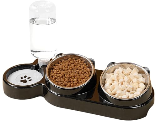 3-in-1 Cat Food and Water Bowl Set, Tilted Stainless Steel Bowls with Stand, Double Food Bowls with Water Dispenser, Pet Feeding Station for Cats Small Dogs, Black