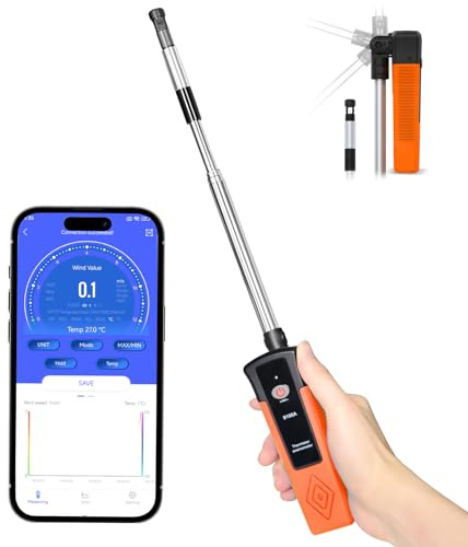 SURLABA Anemómetro de hilo caliente, XF-9100A Medidor de Velocidad Flujo Aire CFM/CMM con conexión aplicación Bluetooth, Hotwire Anemometer con sonda telescópica, Anemómetro térmico para HVAC, Drones