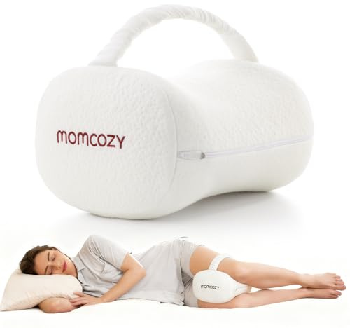 Momcozy Knee Pillow for Side Sleepers, Soft Memory Foam & Pinch-Free Design, Relieve Knee, Leg and Sciatica Pain, Adjustable Elastic Strap Ideal for Pregnant Women and Seniors, White