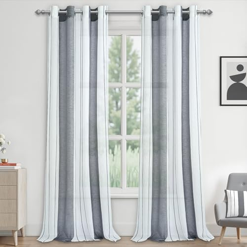 MRTREES Cortinas Dormitorio Juvenil Visillos Rayas Blanco y Gris Cortina Salon Cortinas Dormitorio 2 Piezas con Ojales 140x250 cm (An x Al), Cortinas Translucidas de Visillos Suave y Elegante