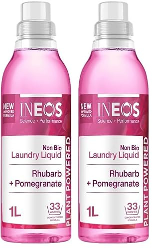 INEOS Next-Gen Non Bio Laundry Washing Liquid Detergent, 33 Washes (1L), High Performance Stain Remover For Clothes, Plant Powered, For Sensitive Skin, Rhubarb + Pomegranate, Packaging May Vary