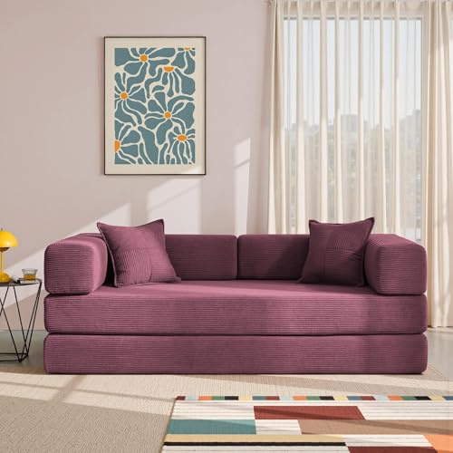 YINIX Folding Sofa Bed 200cm Super King Size, Convertible Modular Sofa, Corduroy Boneless Couch with Metal Frame, 3 Seater Floor Futon Mattress, Non Slip Base, Washable Cover