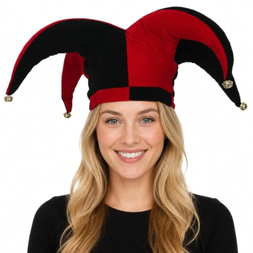 ANDHOM Jester Hat Clown Joker Costume Accessory with Bells for Halloween Christmas Carnival Mardi Gras Cosplay (Red&black)