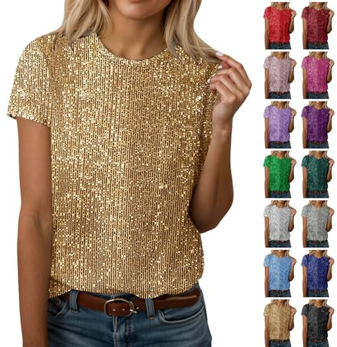 Camiseta de manga corta para mujer, con lentejuelas, para carnaval, fiesta, Nochevieja, discoteca, color dorado, rojo y morado, colorido, brillante, blusa, disfraz solemne
