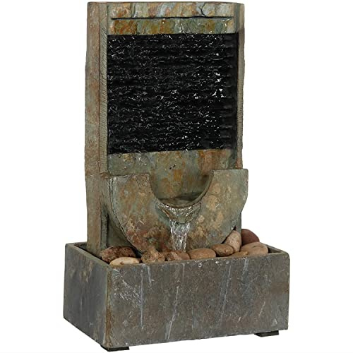 Sunnydaze 16-Inch Indoor Water Fountain - Half Moon Slate Cascading Tabletop Fountain - Soothing and Tranquil Water Sound