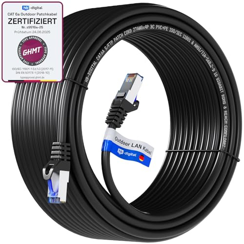 hb-digital 30m CAT 6a Outdoor LAN Kabel Netzwerkkabel Patchkabel IP66 - GHMT Zertifiziert - RJ45 Ethernet S/FTP PiMF 10 Gbit/s AWG 27/7 für Außen- & Innenbereich wasserdicht - Schwarz