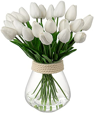 Briful 20PCS Fleurs Artificielles Tulipes, Bouquet de Tulipes Artificielles, Fausses Fleurs, pour Fenêtre d'hôtel de Bureau à Domicile de Mariage, centres de Table, Décoration de Fête - Blanche
