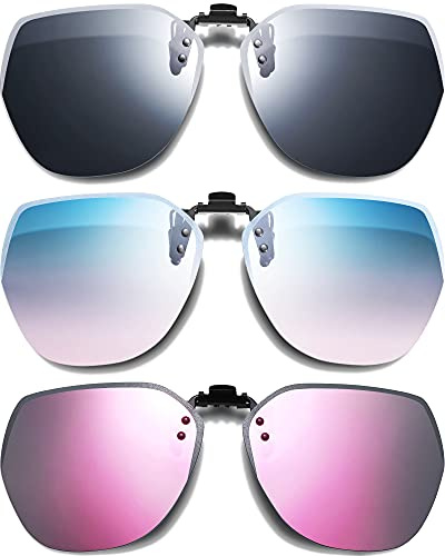 Frienda 3 Pairs Polarized Clip on Sunglasses Rimless Anti Glare Flip up Sunglasses for Women Man(Black-Gray, Blue-Pink, Pink)