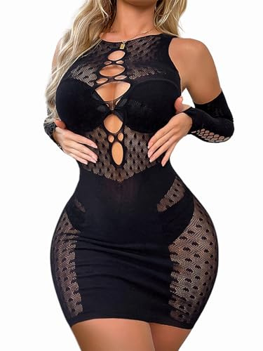 Buitifo Lingerie Sexy da Donna Abito Corto in Rete di Pesce Badydoll Body A Rete Flessibile Mini Abito da Notte(Nero xzq,M)