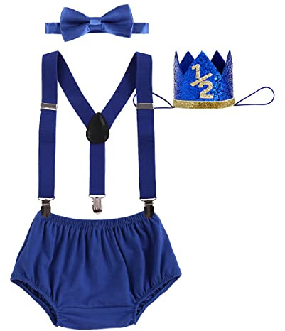 Baby Boy 1/2 Birthday Cake Smash Outfit Diaper Cover+Suspenders+Bow Tie+Crown Gentlemen Boys Suits Half Way To One Birthday Gift Baby Shower Newborn Photography Clothes Set Royal blue 6-12 Months
