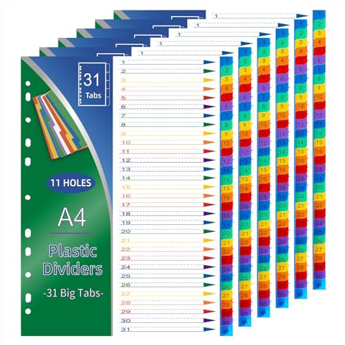 COSHEHKG 6er Set Register DIN A4, 31-teiliges Ordner-Teiler Trennblätter Plastik Taben mit Zahlenaufdruck 1-31 Ordner Register