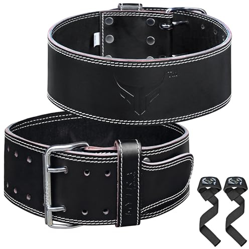 Mytra Fusion Gym Bälte med stålspänne Tyngdlyftsbälte för män och kvinnor 4 brett styrkelyftbälte i äkta läder för gym, träning, tyngdlyftning, bodybuilding Fitness och träning (Black, L)