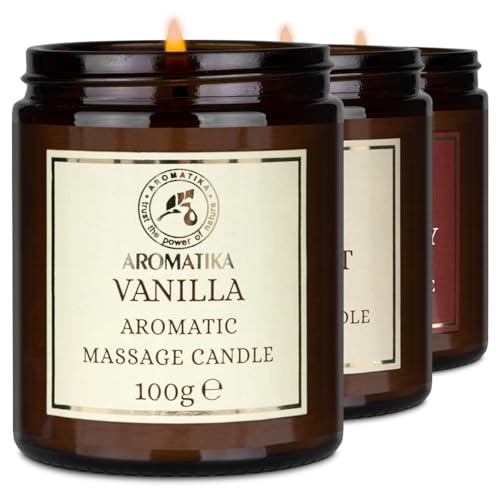Scented Massage Candle Set Vanilla & Coconut & Strawberry 3x100g - Relaxing Massage Candle - Soy Wax Candle - Coconut & Almond Oil & Monoi de Tahiti Oil - Body Care - Calming - Aromatherapy