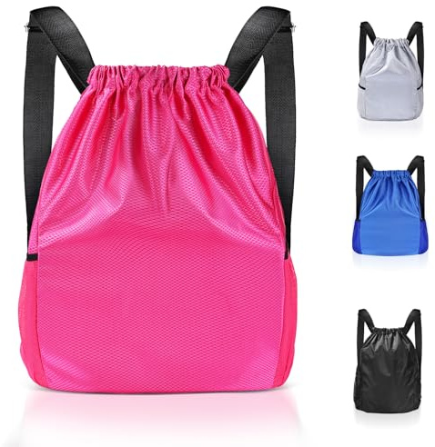 Lychico Waterproof Drawstring Bags, Swim PE Backpack Bag for Men & Women, Sports Gym, Travel, Swimming, Beach, Large Daypack，Black, Plum