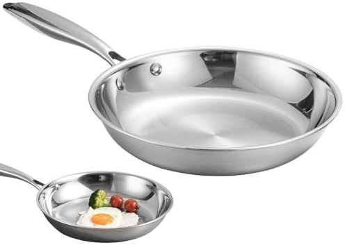 Sleek Classic Design Frying Pan, Stainless Steel Skillet Pan, Sturdy Skillet Cooking Pan, Decorative Kitchen Cookware 20 cm, 22 cm, 24 cm, 26 cm, 28 cm Sizes for Cooking, Frying, Stainless Color