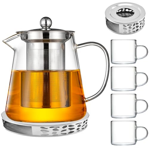 Teekanne mit Siebeinsatz und Stövchen - 6 Stück Tee-Kanne Teapot Set,Hitzebeständige Hochborosilikat Teekanne 1300ml mit 4 Glas Teetassen 120ml Für Home Office und Geschäftsreisen Tee