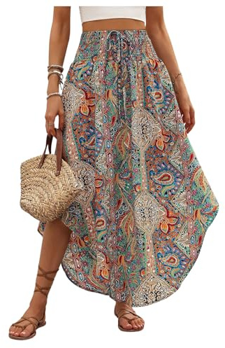 GORGLITTER Women's Paisley Print A Line Flared Flowy Skirt High Waisted Smocked Boho Maxi Skirts Brown Large
