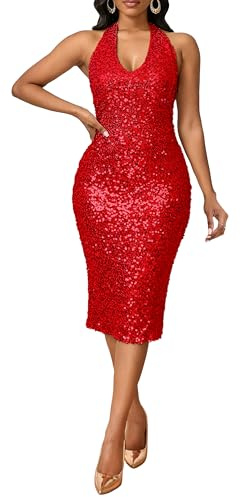 VERWIN Paljettklänning, ärmlös, bodycon-klänning, v-ringad, glittrig midi-klänning, rygglös grimma klänning, avslappnad fest, cocktail aftonklänning, Röd, XXL