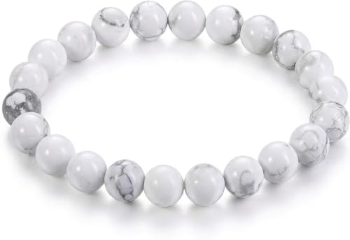 Gemstone Bracelet for Unisex - Stretch Beaded Bracelet - Healing Stone Jewelry - Lucky Charm Bracelet - Yoga Meditation Bracelet - precious stone bracelet Gift - 8mm (White Howlite)