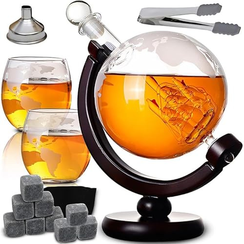 Retoo Set di caraffa per whisky, decanter a forma di globo con due bicchieri, set regalo per uomini, regalo di compleanno per uomini, accessori alcolici, 850 ml, 9 pietre da whisky